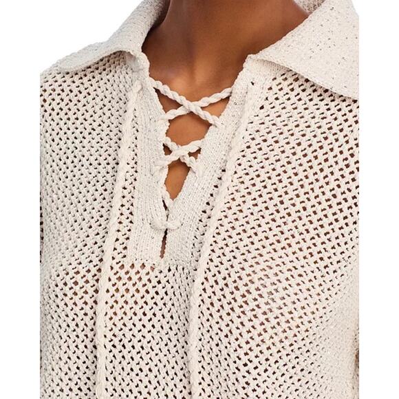 Joie Ivory Sequin Open Knit Lace-Up Collared Long Sleeve Pullover Sweater Medium - Picture 4 of 13